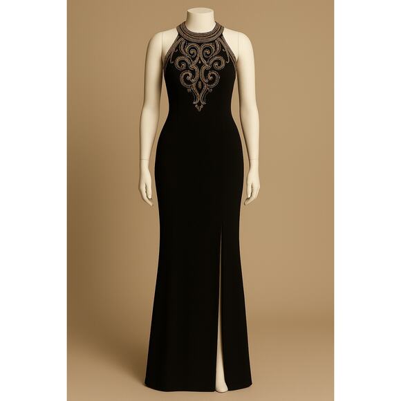 Alyce Designs Black Beaded Halter Neck Gown – Labeled 8, Fits Like 2 Y2K Glam - Picture 2 of 11
